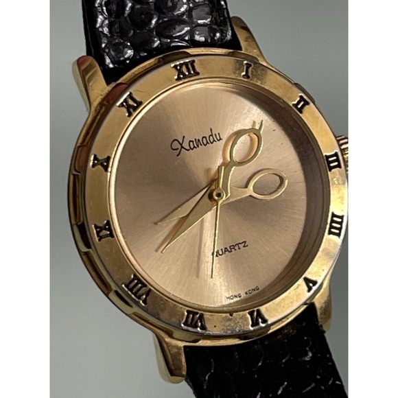Vintage XANADU Women Watch Scissor Hands WORKS Gold Tone Black Leather Swiss - Picture 4 of 16